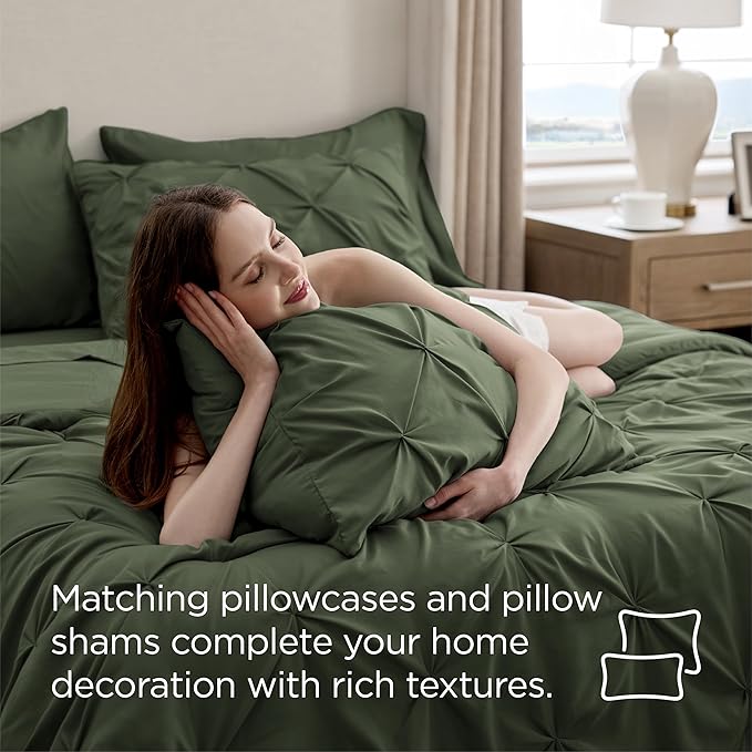 Bedsure California King Comforter Set Olive Green - Bed in a Bag Cal King Bedding Set 7 PCS, GentleSoft™ Pintuck Bed Set Gift for Family, Pinch Pleat Green Comforter with Sheets, Pillowcases & Shams