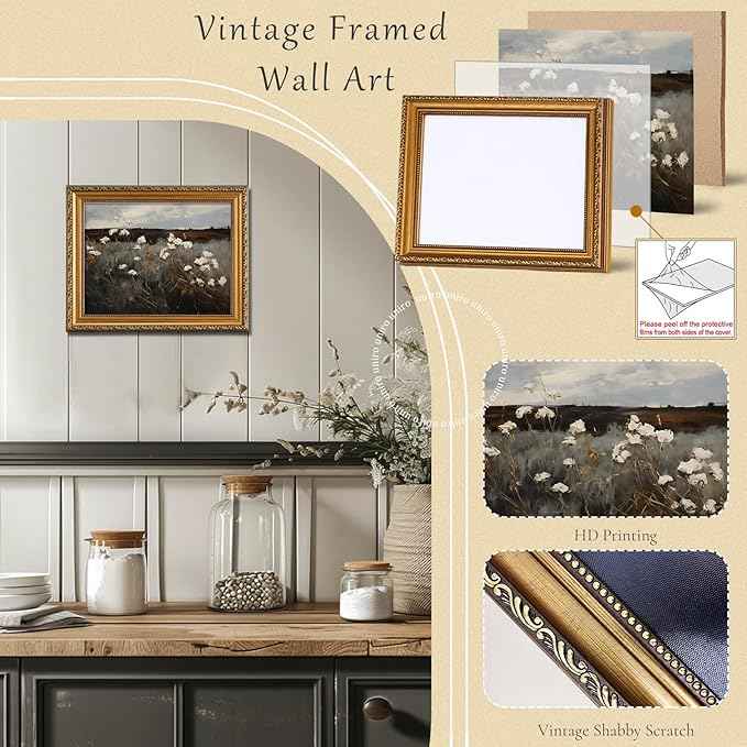 uniro Vintage Gold Framed Wall Art for Home Decor, Moody Wildflower Landscape Oil Painting Bathroom Wall Decor, Classic Dark Autumn Vintage Art Prints, Landscape Wall decor Aesthetic Picture for Bedroom Gallery Office Desktop d ecor- 12x16Inch