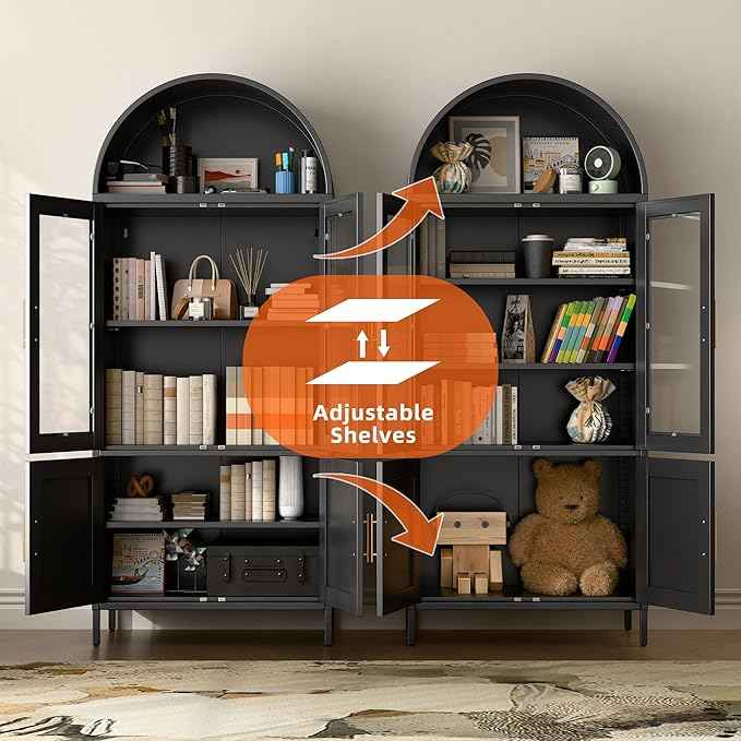 Metal Arched Bookcase Cabinet with 4 Doors,Arched Kitchen Pantry Cabinet for Home Office Living Room,Required Assembly,Black
