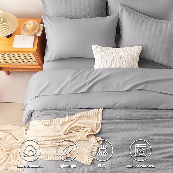 CozyLux King Size Comforter Set Grey Seersucker 7 Pieces Bed in a Bag King Comforter Set with Sheets, Gray Luxury Bedding Set with Down Alternative Comforter, Sheets, Pillowcases & Shams All Seasons
