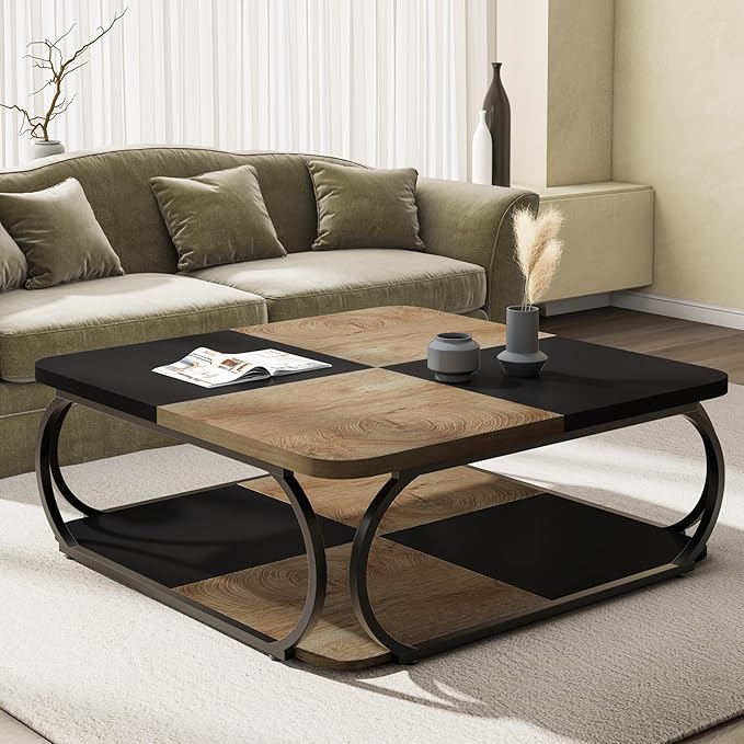Tribesigns Square Coffee Table with Open Storage Shelf for Living Room, 39 Inch Large Wood Center Table 2 Tier Low Coffee Tables Farmhouse Tea Table with Metal Frame for Home Office, Black Light Brown