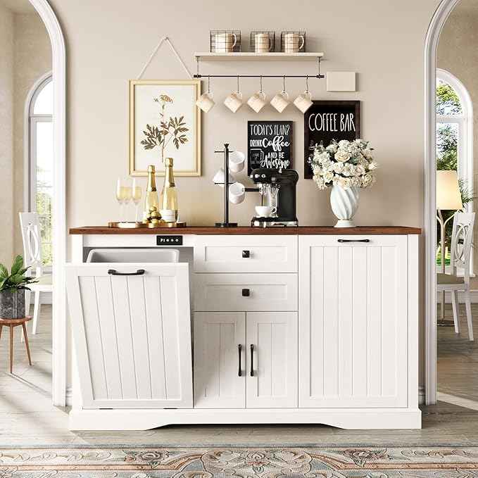 Vabches Farmhouse Buffet Cabinet with Tilt Out Trash Can, 55" Coffee Bar Cabinet&Sideboard with Storage and Drawers, Hidden Garbage Cabinet for Kitchen, Rustic White