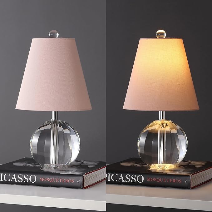 JONATHAN Y JYL2079C 16" Glam Crystal Ball Table Lamp, Modern Bedside Nightstand Lamp for Bedroom Living Room Office, Clear Glass Orb with Pink Round Linen Shade and Chrome Accents, LED Bulb Included