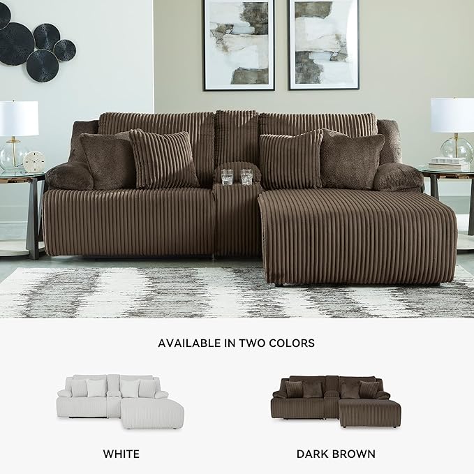 Signature Design by Ashley Top Tier Contemporary L-Shaped 3-Piece Reclining Sectional Sofa with Chaise, Console Storage and 4 Accent Pillows, Dark Brown