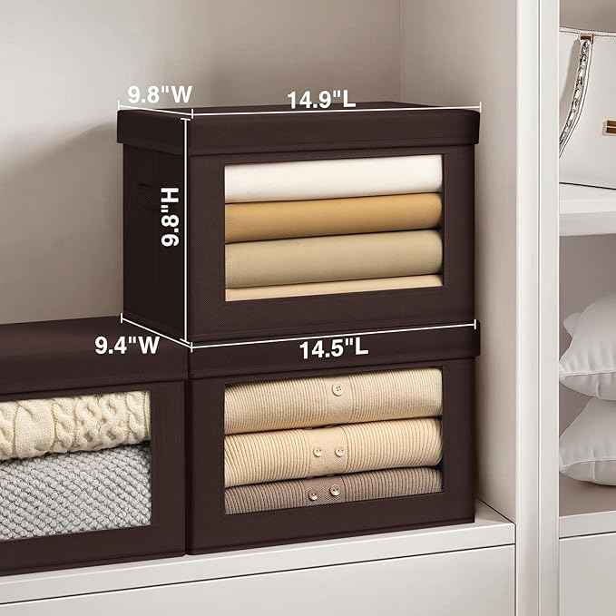 Stackable Storage Bins with Lids - Medium Storage Box with Lids, Foldable Closet Boxes for Organizing, Wardrobe Clothes Organizer with Window, Cubes Bins for Living Room, 5 Pack, Brown