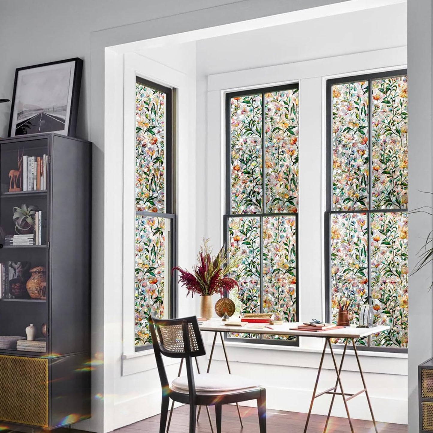 Rainbow Window Privacy Film 3D Floral Decorative Stained Glass Window Film Anti UV Non-Adhesive Reusable 23.6" x 78.7" for Home Room Car Glass Cling