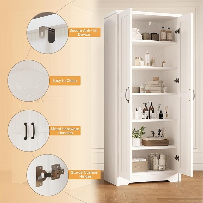 70" Tall Storage Cabinet, Large Wood Storage Pantry Cabinet with 6 Adjustable Shelves & 2 Doors, Standing Utility Storage Cabinets for Kitchen, Bathroom, Dining Room (Soft White)