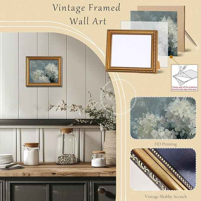 uniro Vintage Gold Framed Wall Art for Home Decor, Retro Blue Hydrangea Flower Canvas Art Prints Artwork, Aesthetic Bedroom Wall Art Easter Floral Wall Decor, French Country decor Spring Botanical Oil Painting Picture for Bathroom, Gallary, Living Room...
