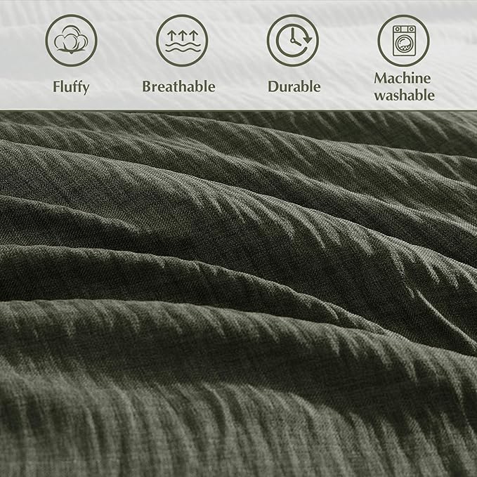 Geniospin Dark Olive Green Full Comforter Set - 7 Pieces Comforter Full Size, Solid Bedding Set for All Season, Textured Bed in a Bag with Sheets