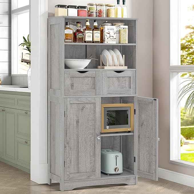 Iwell Storage Cabinet with 2 Drawers & Adjustable Shelf, Tall Bathroom Cabinet with Doors, Cupboard, Kitchen Cabinets for Living Room, Dining Room, Entryway, Grey