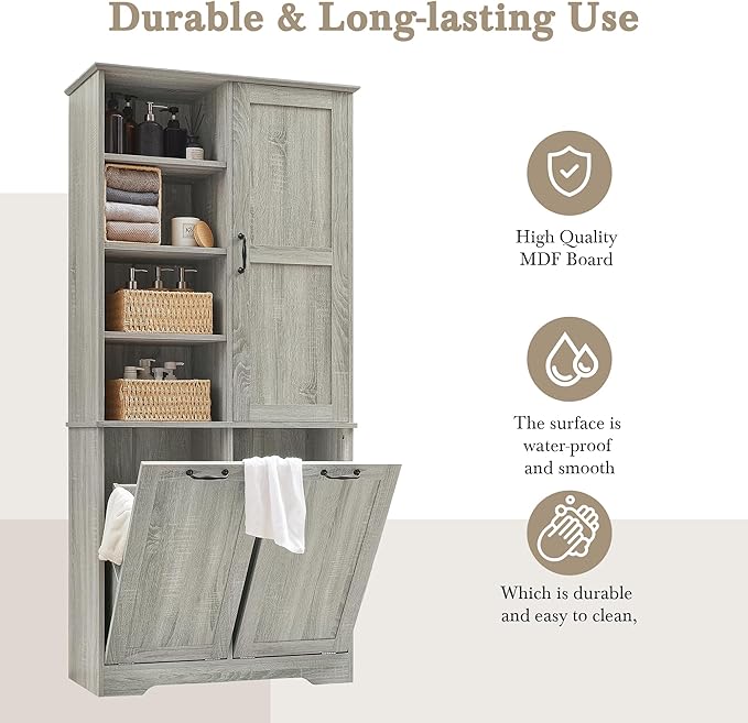 68" Tall Bathroom Storage Cabinet with Two Doors and Two Laundry Hampers for Home Display Organizer, Adjustable Shelf, Oak