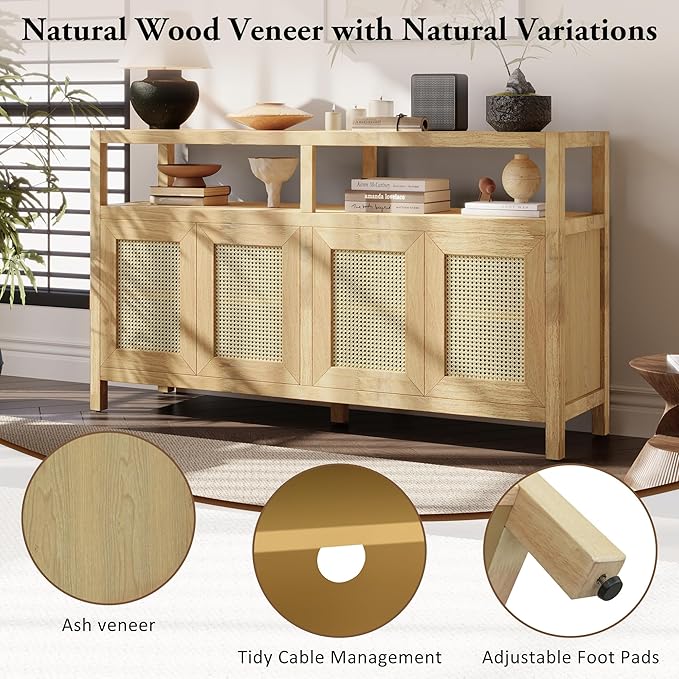 Ball & Cast 60" Rattan Buffet Sideboard Cabinet with Storage, Modern Boho Coffee Bar w/Push-to-Open Doors & Adjustable Shelves, Wood Console Cabinet for Kitchen,Livingroom & Dining Room, Natural