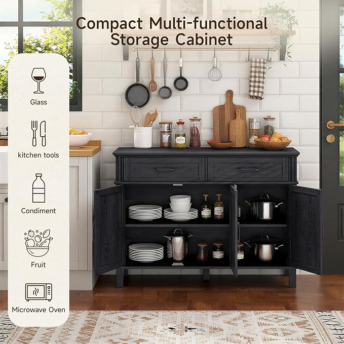 48 Inches Sideboard Buffet Cabinet with Storage, Farmhouse Sideboard Buffet w/2 Drawers and 3 Doors, Kitchen Cabinet with Adjustable Shelf, Wood Kitchen Console Table for Living Room, Hallway, Black