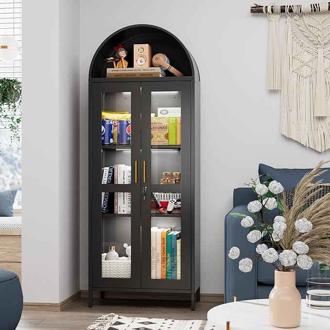 Metal Arched Display Cabinet with 3 Lights,Lockable Arch Cabinet with Glass Doors and 2 Adjustable Shelf for Home Office,Assembly Required,Black