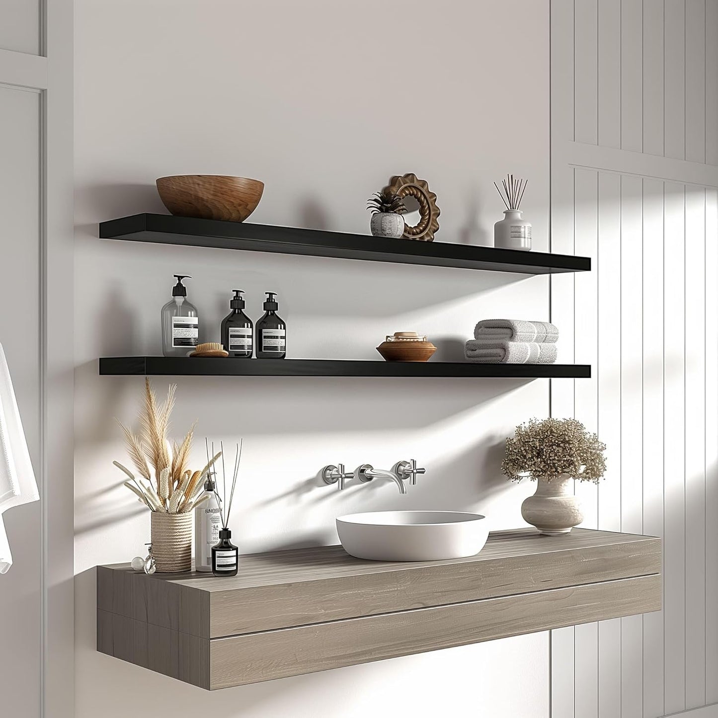 Wood Floating Shelves for Wall Decor, Rustic Wall Shelves for Bedroom Bathroom Kitchen Living Room, Set of 4 Black 48 Inch - Décor Diaries