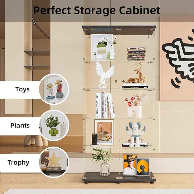 Beauty4U Glass Display Cabinet with 5 Shelves Double Door, Curio Cabinets for Living Room, Bedroom, Office, Black Floor Standing Glass Bookshelf, Quick Installation
