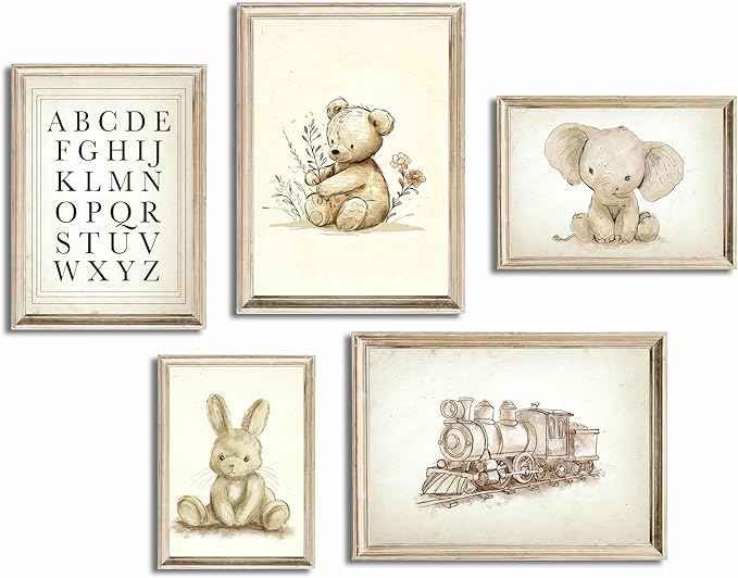 Vintage Nursery Wall Art Cute Animals Canvas Posters Prints Bear Rabbit Elephant Painting Artwork Retro Farmhouse Children's Playroom Educational enlightenment Wall Decor 8x10 Inch Unframed Set Of 5