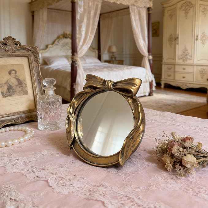 Vintage Round Vanity Desk Mirror - 6x6Inch Wall-Mounted & Tabletop Decorative Ornate Gold Accent Retro Makeup Mirror for Bedroom Dresser Living Room Bathroom Dorm Champagne Gold