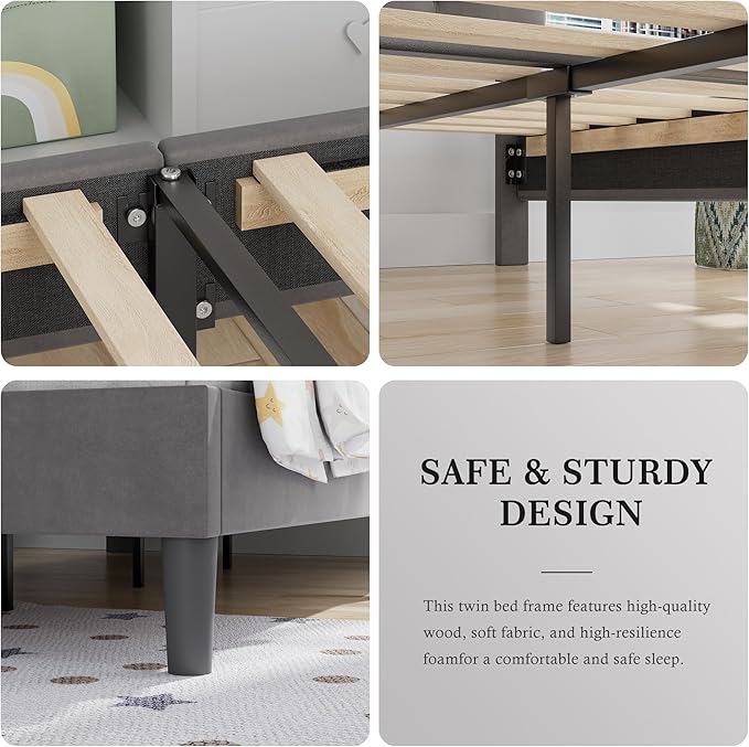 VECELO Twin Size Bed Frame with Upholstered Headboard, Heavy-Duty Bedframe with Wooden Slats & Steel Framework, Easy Assembly, Dark Grey
