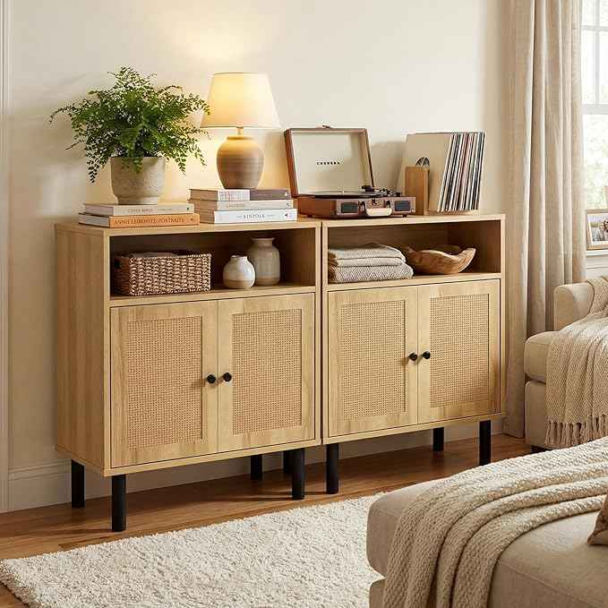 Narrow Storage Cabinet with Rattan Doors, 32" Tall Small Cabinet for Bathroom, Small Space Hallway Entryway, Free-Standing Sideboard for Laundry Room Kitchen, Easy Assembly(Dark Oak)