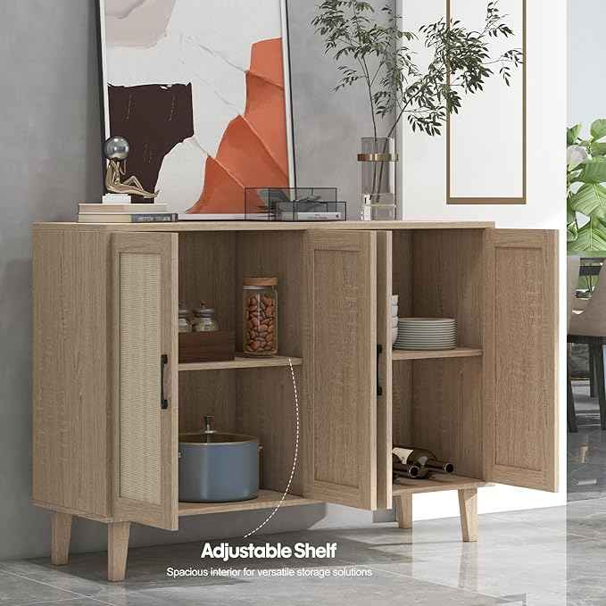 Panana Buffet Storage Cabinet with Rattan Decorating 4 Doors Living Room Kitchen Sideboard 48.43 x 34.65 x 15 inch (Natural Wood)