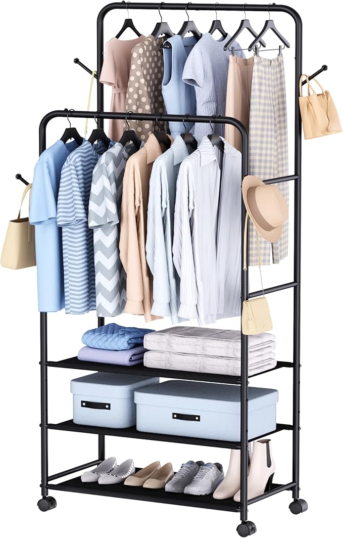 Whitmor Double Rod Clothes Rack: Metal Rolling Clothing Racks for Hanging Clothes, Heavy Duty Garment Rack with 3 Shelves, Portable Clothes Organizer for Bedroom, Laundry, Living Room, Black