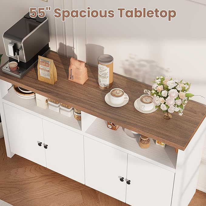 IDEALHOUSE Buffet Sideboard Cabinet with Storage, 55" Large Farmhouse Kitchen Storage Cabinet with 4 Doors & Adjustable Shelves, Wood Coffee Bar Cabinet for Kitchen, Dining Room, Living Room, White