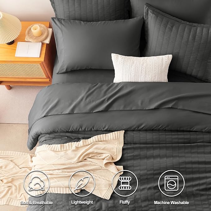 CozyLux Twin Comforter Set with Sheets Seersucker 5 Pieces, Dark Grey Bed in a Bag for Bedroom, Textured Luxury Soft Bedding Set with Down Alternative Comforter, Sheets, Pillowcase & Sham All Seasons
