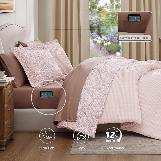 King Comforter Set - 7 Pieces Pink Gauze Muslin Bedding Sets for All Seasons, Lightweight Breathable Bed in a Bag King with Revesible Farmhouse Comforter, Sheets, Pillowcases & Shams
