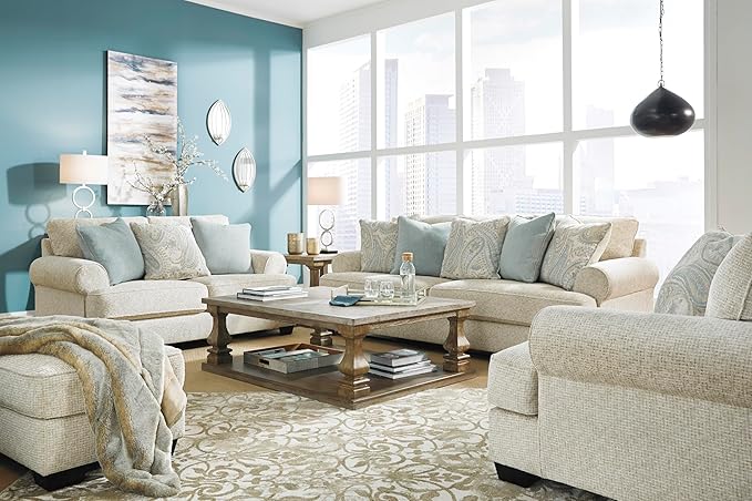 Signature Design by Ashley Monaghan Vintage Loveseat with Accent Pillows, Reversible Cushions and Rolled Arms, Beige