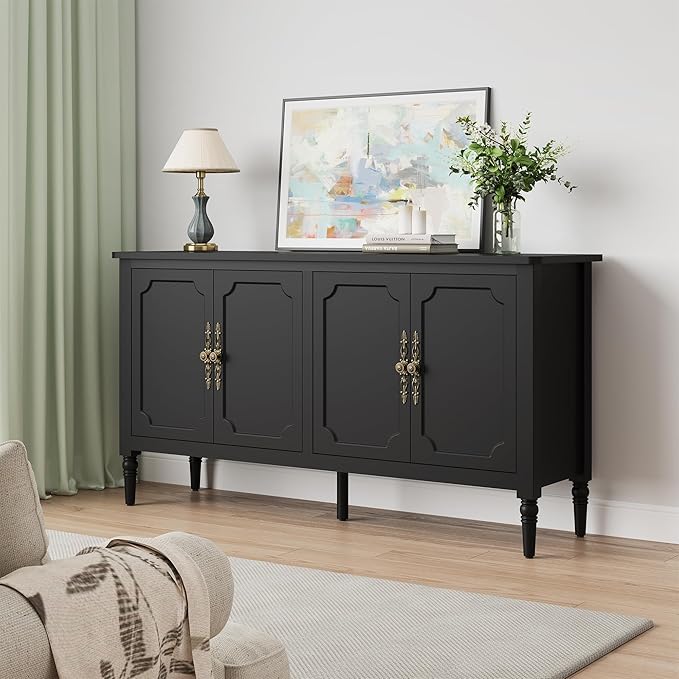 RoyalCraft Buffet Sideboard Table 2 pcs, 59'' Mid Century Modern Console Table, Media Cabinet with 4 Doors, Accent Cabinet Wood Sideboard, for Entryway, Living Room, Dining Room, Satin Black