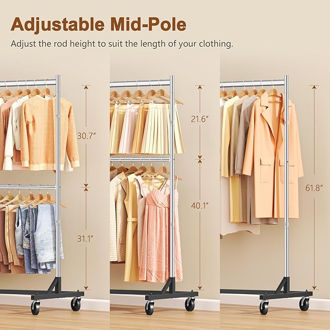 Hoctieon Double Rod Clothes Racks with Z-Base, Adjustable Clothing Rack, Standing Clothes Rack, Metal Clothing Racks for Hanging Clothes, Rolling Garment Rack, Chrome