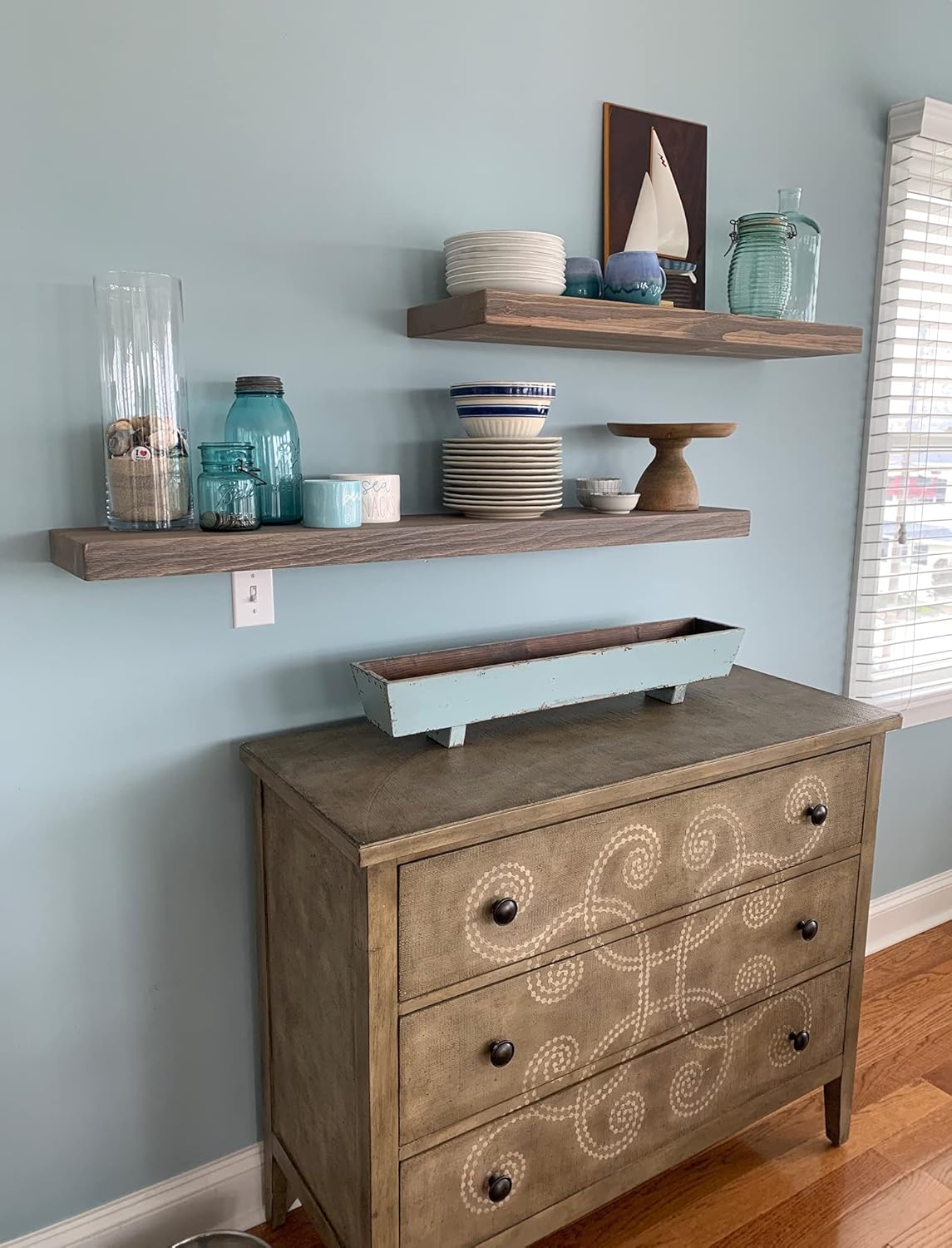 Joel's Antiques - 48 Inch Wooden Floating Shelves for Wall - 48x8x2 in - Made of Natural Wood - Long Heavy Duty Wall - Made in USA - Perfect for Living Room, Kitchen - Grey