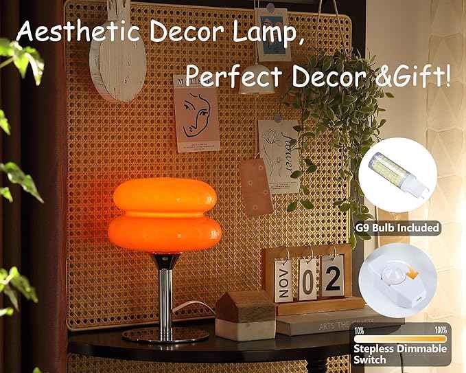Mushroom Lamp Table Lamp for Night Stands,Mid Century Modern Desk Lamps for Bedroom, Vintage Dimmable Bedside Small Lamps, Cute Cool Home Room Aesthetic Decor for Living Room(Orange Red)