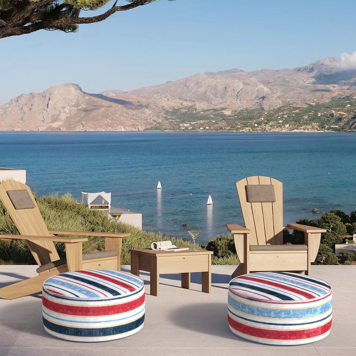 Inflatable Ottoman Stool D21 xH9 for Outdoor/Indoor Use, Water Repellent Patio Foot Rest Stool with Portable Handle,Round Pouf Ottoman Suitable for Garden,Deck and Camping - Stripe Red Blue