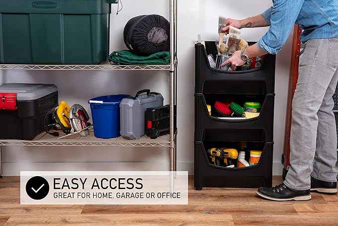 Mighty Tuff Jumbo Stackable Storage Bins, Pack of 3, Easy-Access Storage, Large Easy-To-Grip Handles, Wide Front Opening, Interlocking, Stack Vertically, Black