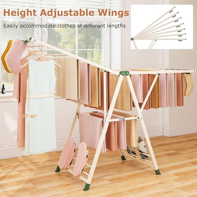 Giantex Clothes Drying Rack, Foldable Metal Laundry Drying Rack with Height Adjustable Wings, 16 Drying Rails, Sock Clips & Shoe Racks, Freestanding Clothing Stand for Indoor & Outdoor, Beige