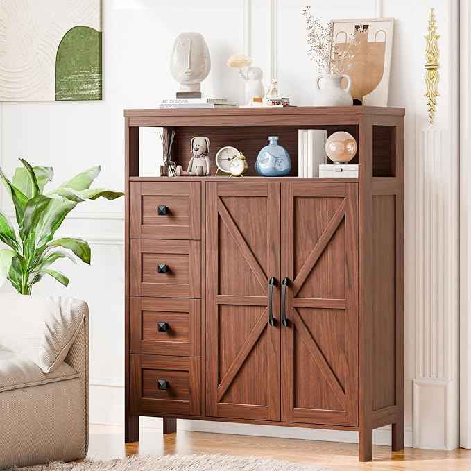 Vabches Farmhouse Storage Cabinet with 2 Doors and 4 Drawers, Freestanding Bathroom Compartment Kitchen Pantry Cabinet, Floor Cupboard for Kitchen/Living Room/Bathroom,Walnut