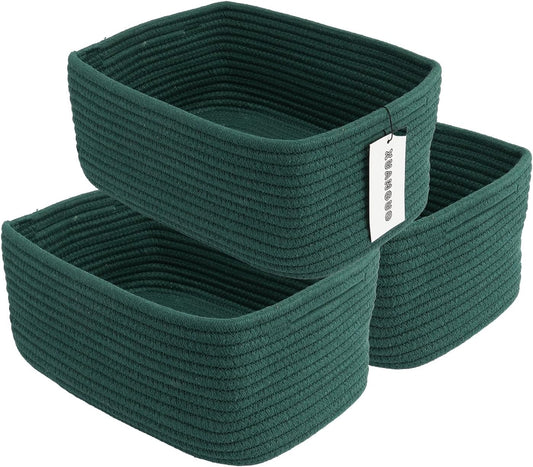 Small Woven Storage Baskets 12“X8”X5“ Decorative Rope Bins for Organizing Shelves, Closets, and Toys, Empty Gift Baskets, Cute Organizer Basket for Home and Office (dark green, regular)