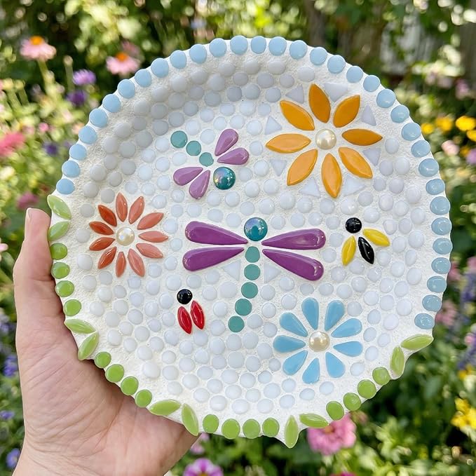 Artspac Glass Mosaic Tiles for Crafts Bulk,150g Round Mosaic Glass Pieces,Iridescent White Mosaic Tiles for DIY Garden Crafts Supplies, Crafts Ornaments