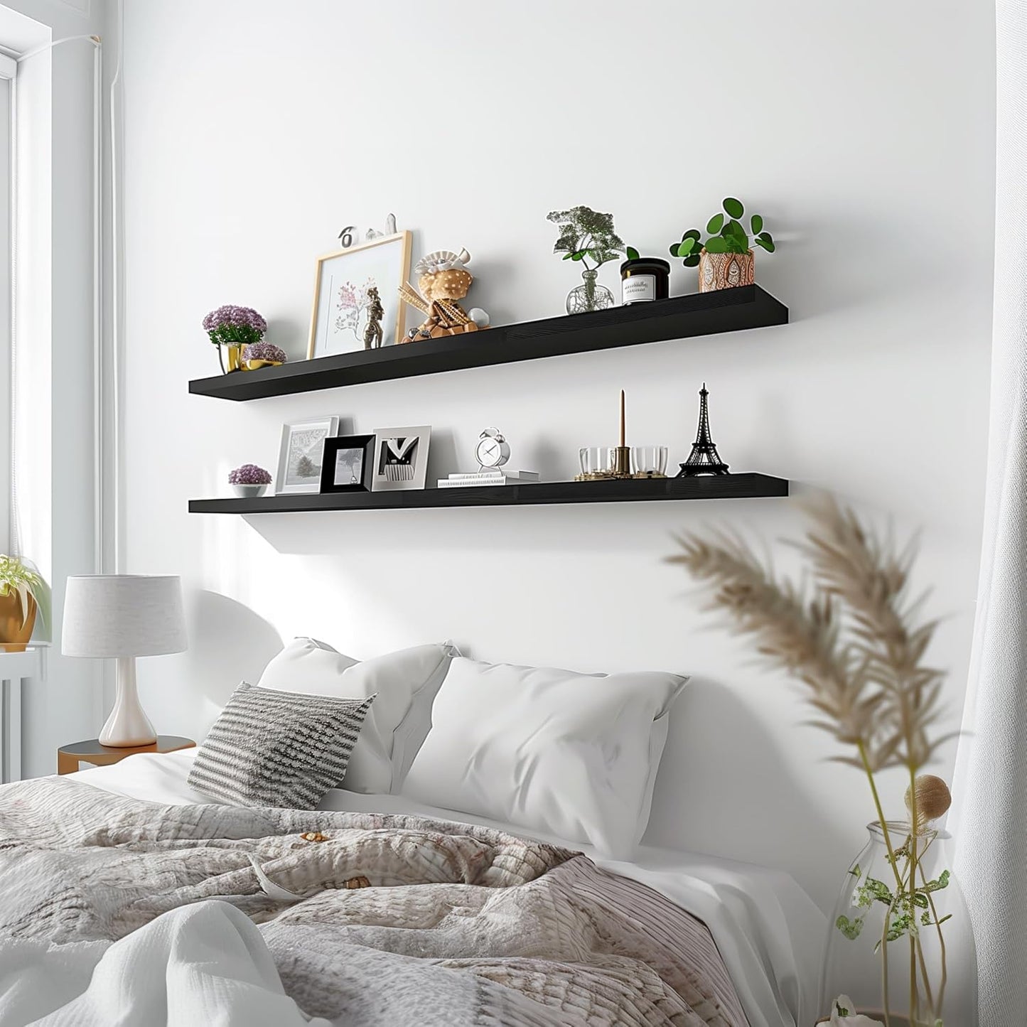 Wood Floating Shelves for Wall Decor, Rustic Wall Shelves for Bedroom Bathroom Kitchen Living Room, Set of 4 Black 48 Inch - Décor Diaries