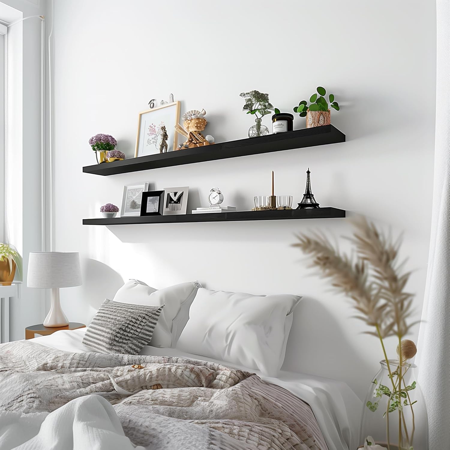 Wood Floating Shelves for Wall Decor, Rustic Wall Shelves for Bedroom Bathroom Kitchen Living Room, Set of 4 Black 48 Inch - Décor Diaries