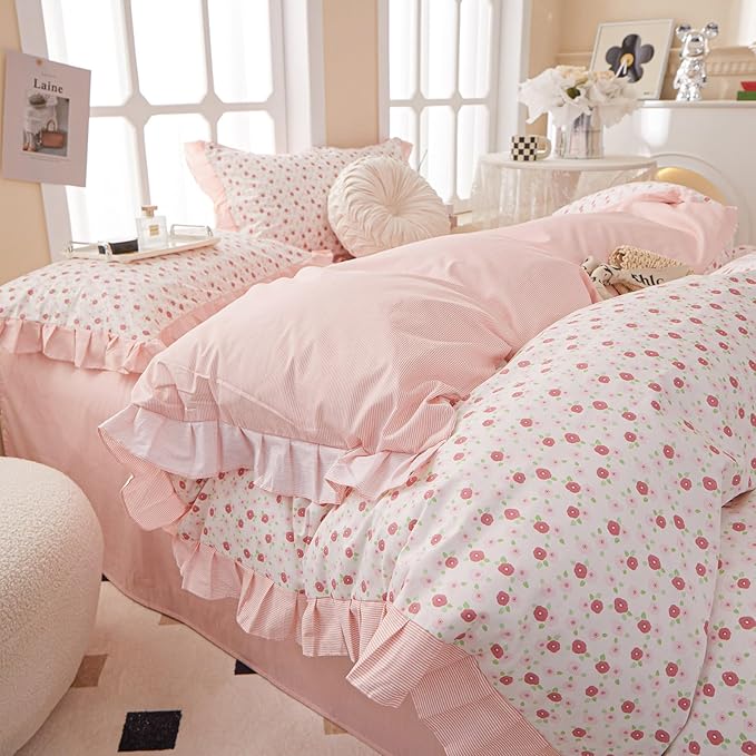 Queen Comforter Set Chic Floral Ruffle Comforter Pink Flower Bedding Comforter Set for All Seasons Fluffy Soft Girls Cottagecore Bedding Set Vintage Botanical Flowers Comforter with 2 Pillowcases