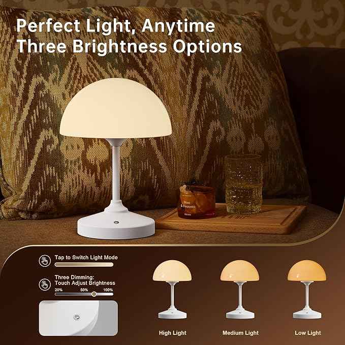 Mushroom Lamp Cordless Lamp Table Lamp,Outdoor Waterproof Shower Lamps,5000mAh Rechargeble Battery Operated Dimmable Touch Desk Lamps,LED Night Light for Bathroom Patio Camping Outdoor(White)