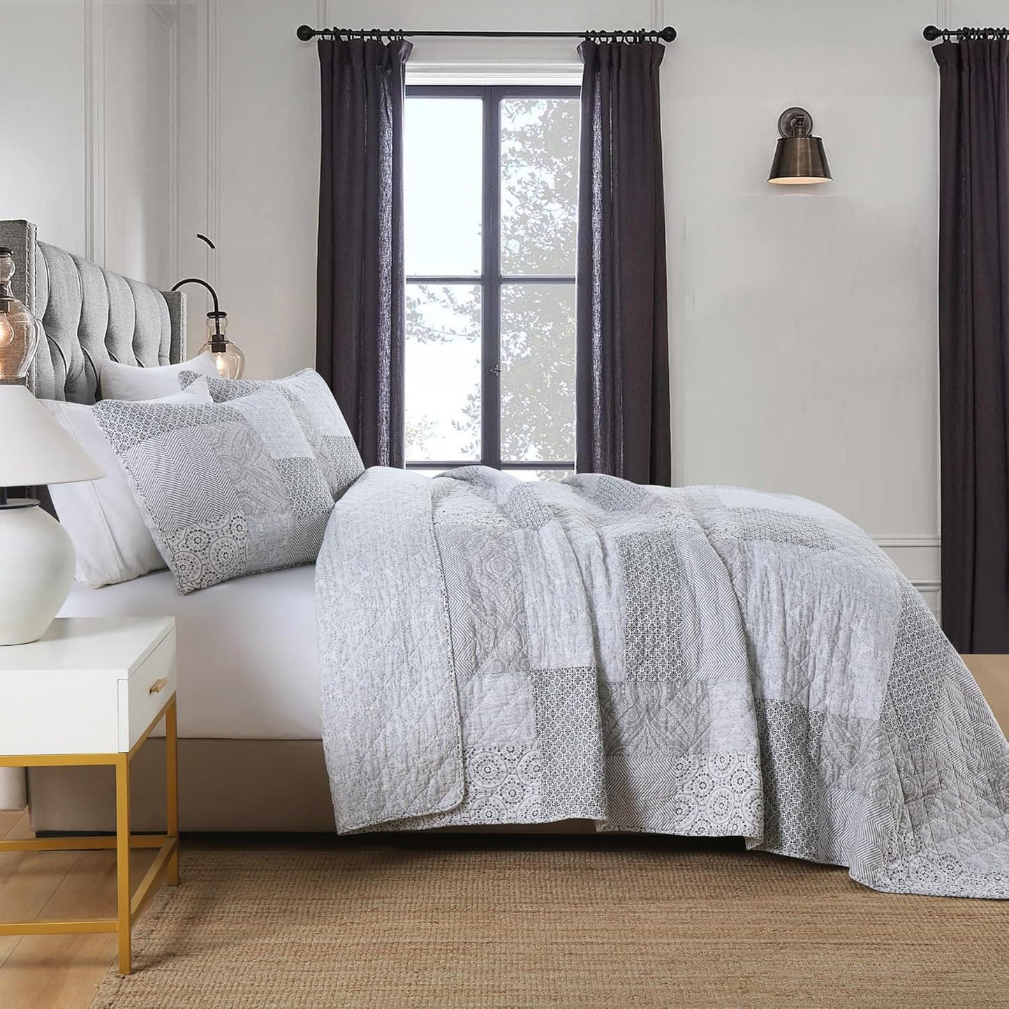 Secgo King Size Comforter Set- 100% Cotton Quilt King Size Set, Green, Sage bedspreads (96 * 108 Inch) with 2 Pillow Shams, Patchwork Reversible Lightweight Bedding