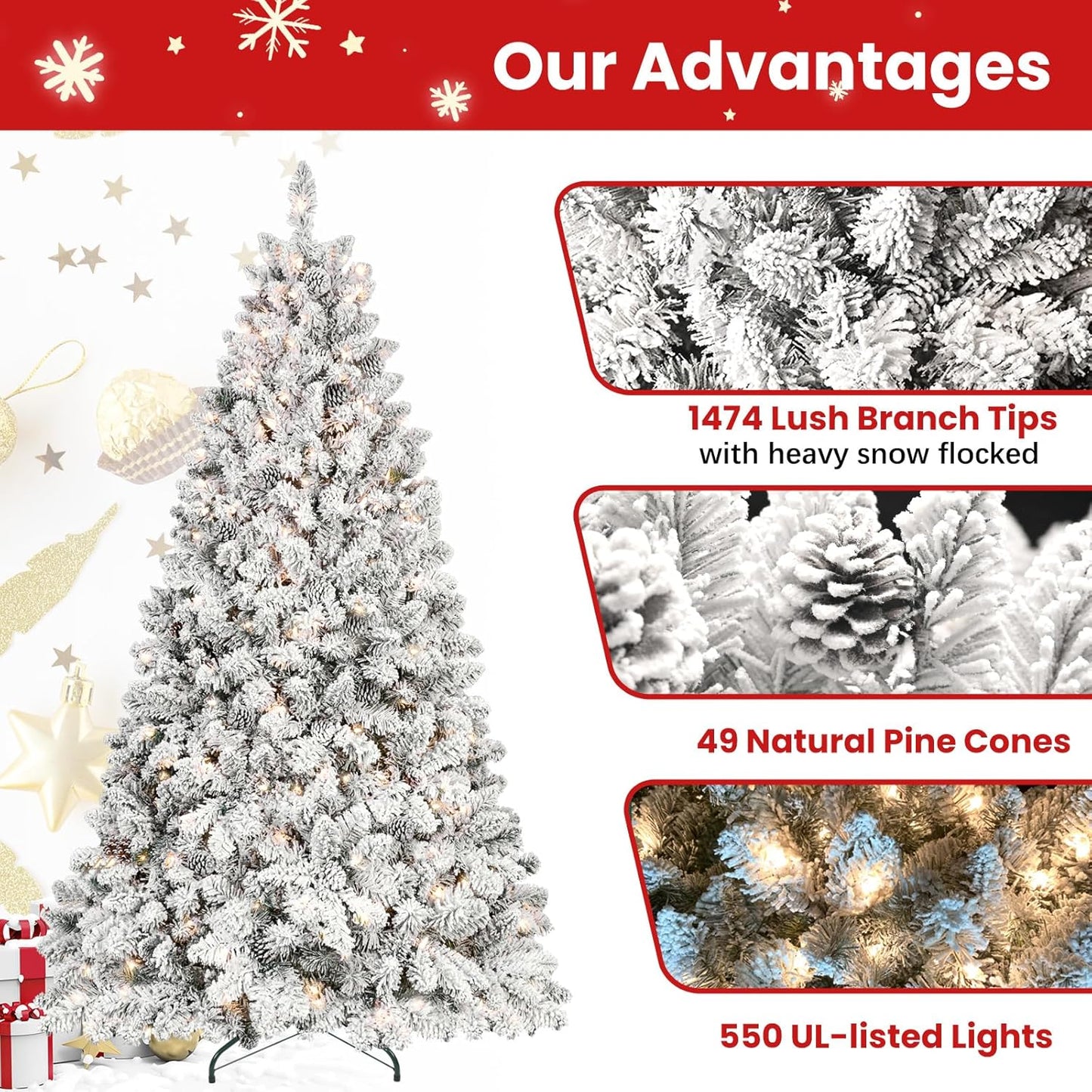 8 ft Flocked Snow Frosted Artificial Christmas Tree with 700 UL Lights & Pine Cones, 1754 Tips, Auto Hinged Easy Setup Full Prelighted