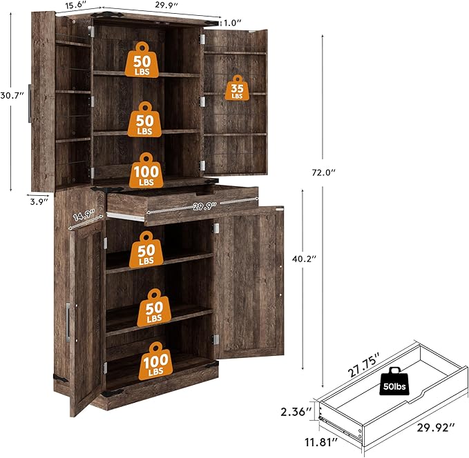 72" Kitchen Pantry Storage Cabinet with Doors and Shelves, Wood Farmhouse Pantry Storage with Barn Doors for Kitchen, Dining Room, Living Room, Dark Brown