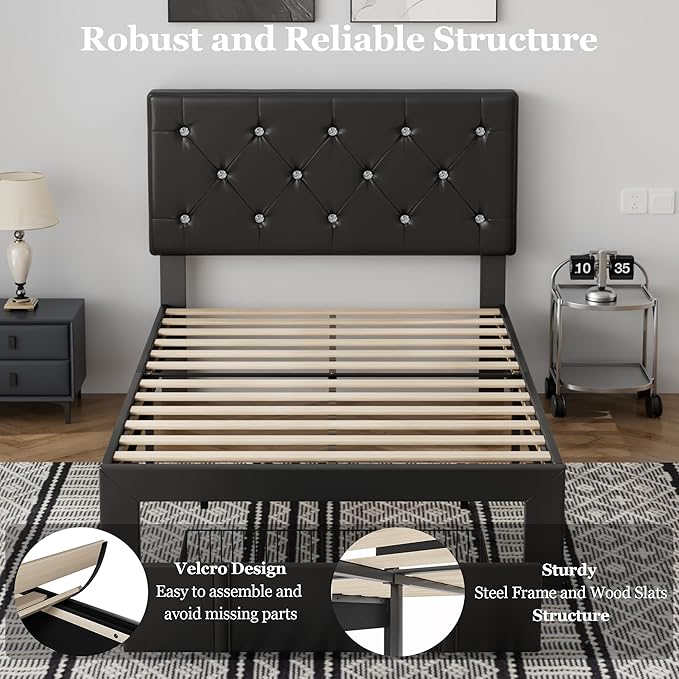 VECELO Twin Size Bed Frame with Storage Drawers, Leather Upholstered Bedframe with Diamond Tufted Headboard, Solid Wood Slat Support, No Box Spring Needed, PU Black