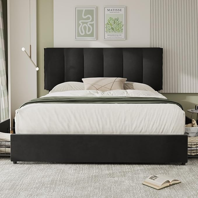 VECELO Queen Size Bed Frame with 4 Storage Drawers, Adjustable Height Headboard, Heavy-Duty Platform Bedframe with Strong Wooden Slats, No Box Spring Needed, Black