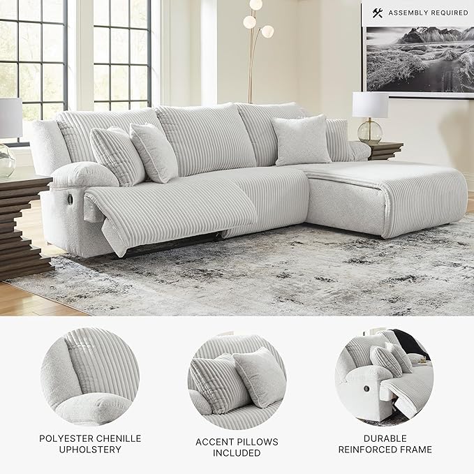 Signature Design by Ashley Top Tier Casual L-Shaped 3-Piece Reclining Sectional Sofa with Pillow-Top Armrest and 4 Accent Pillows, Light Gray